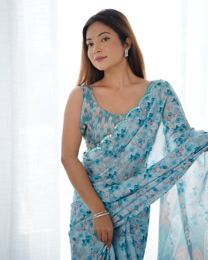 Heavy Chinnon Multicolor Saree With Unstitched Printed, Kutchi Mirror Lace Work Blouse