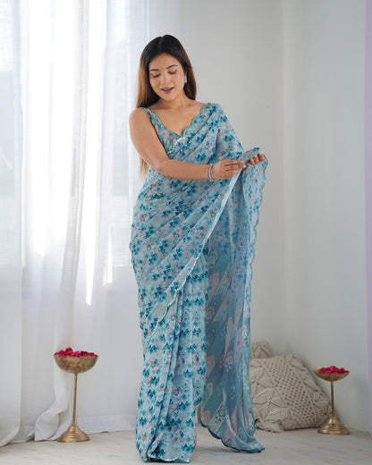 Heavy Chinnon Multicolor Saree With Unstitched Printed, Kutchi Mirror Lace Work Blouse