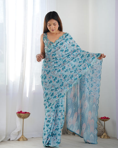 Heavy Chinnon Multicolor Saree With Unstitched Printed, Kutchi Mirror Lace Work Blouse