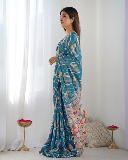 Heavy Chinnon Multicolor Saree With Unstitched Printed, Kutchi Mirror Lace Work Blouse