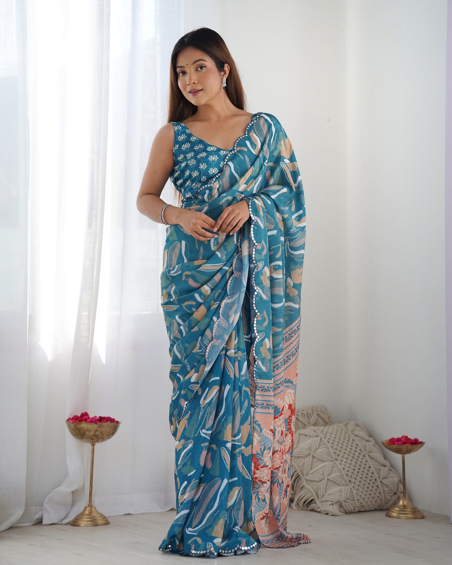 Heavy Chinnon Multicolor Saree With Unstitched Printed, Kutchi Mirror Lace Work Blouse