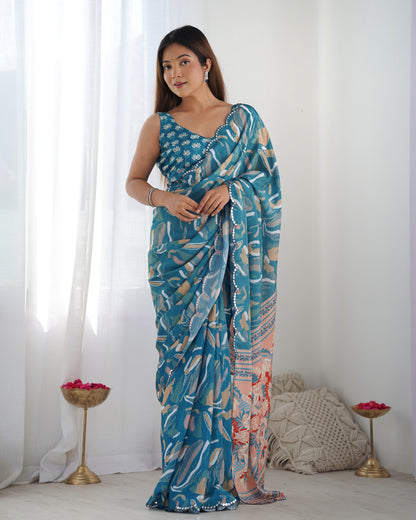 Heavy Chinnon Multicolor Saree With Unstitched Printed, Kutchi Mirror Lace Work Blouse