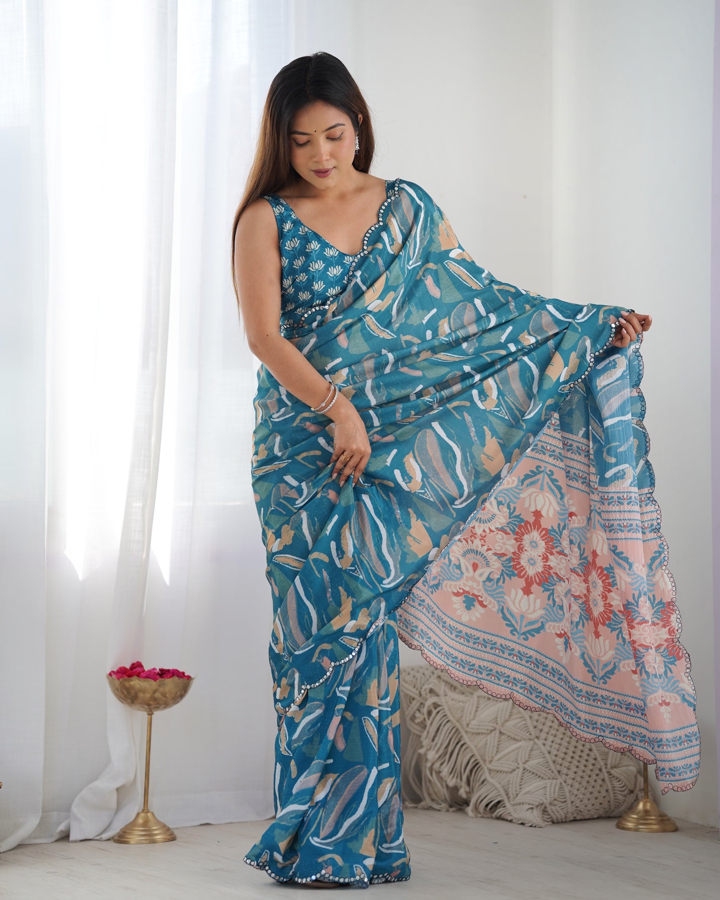 Heavy Chinnon Multicolor Saree With Unstitched Printed, Kutchi Mirror Lace Work Blouse
