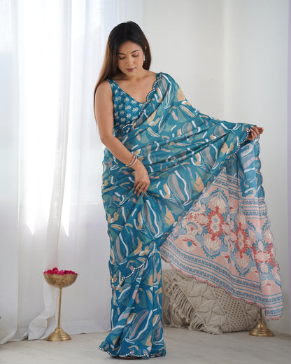 Heavy Chinnon Multicolor Saree With Unstitched Printed, Kutchi Mirror Lace Work Blouse