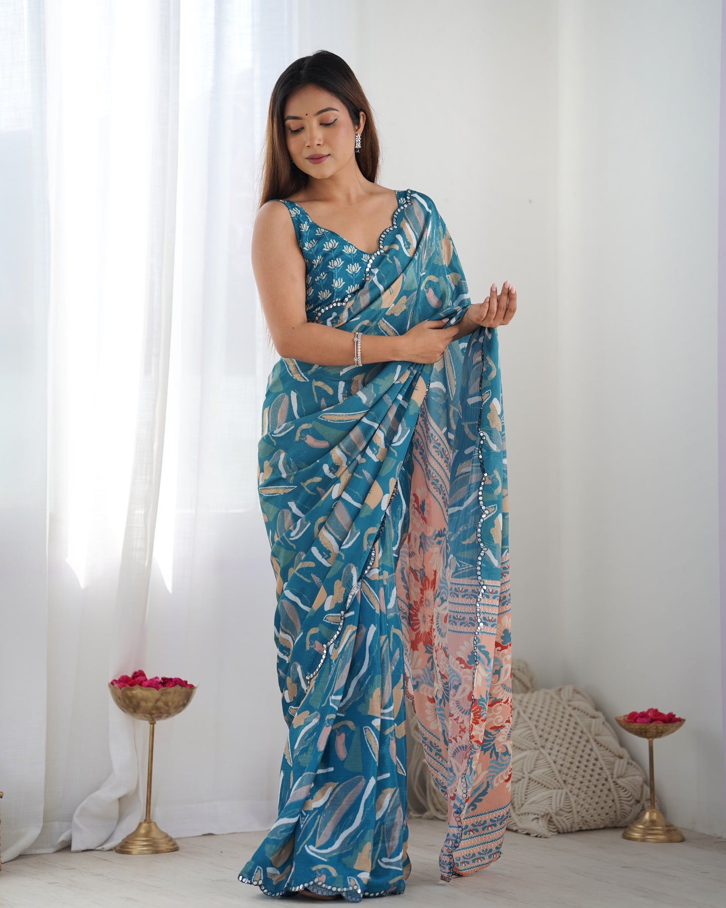 Heavy Chinnon Multicolor Saree With Unstitched Printed, Kutchi Mirror Lace Work Blouse