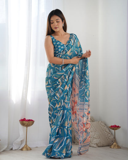 Heavy Chinnon Multicolor Saree With Unstitched Printed, Kutchi Mirror Lace Work Blouse