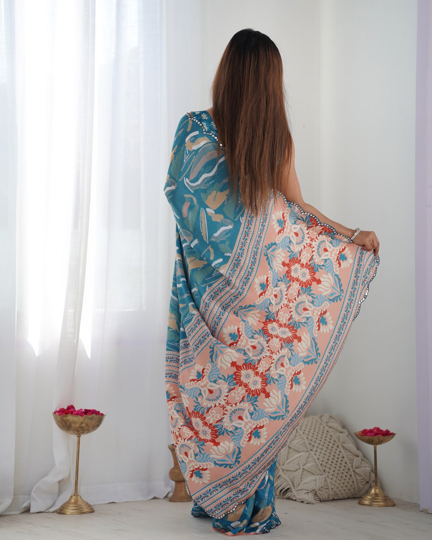 Heavy Chinnon Multicolor Saree With Unstitched Printed, Kutchi Mirror Lace Work Blouse