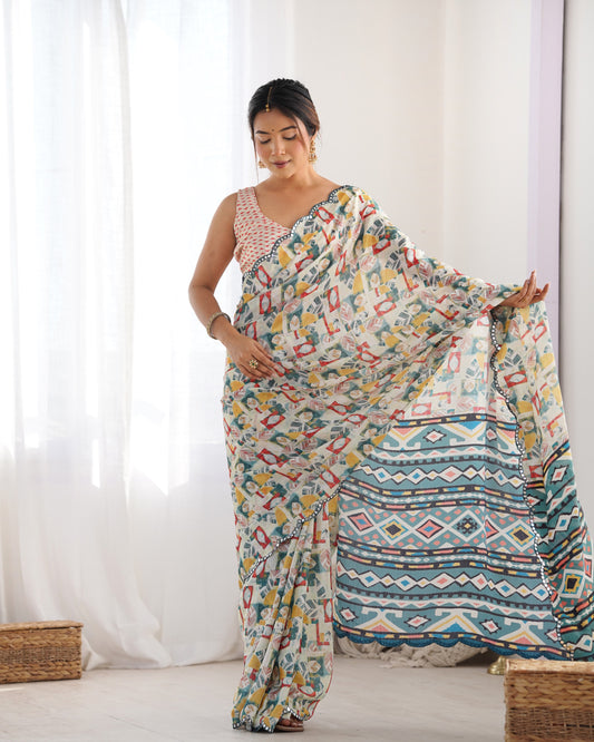 Elegant Heavy Chinnon Printed Multicolor Saree with Unstitched Blouse
