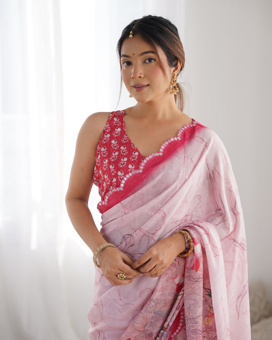 Elegant Heavy Chinnon Printed Pink Saree with Unstitched Blouse
