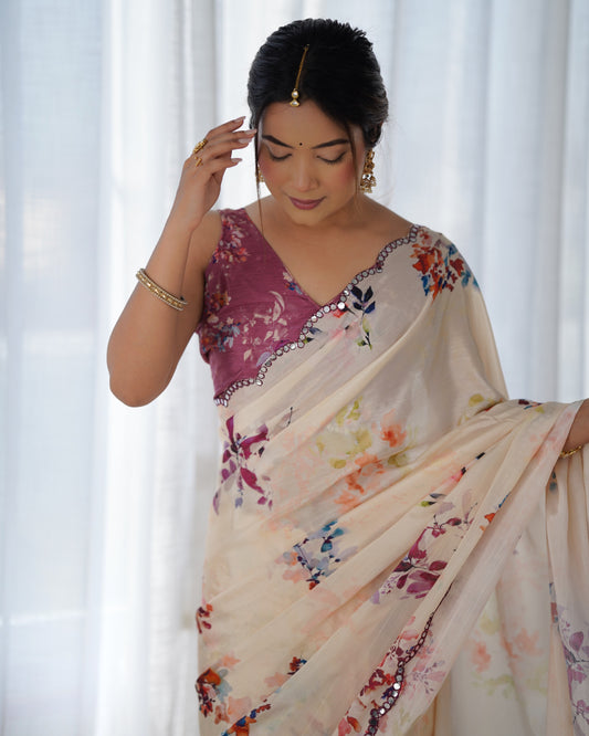 Elegant Heavy Chinnon Floral Printed Off white Saree with Unstitched Purple Blouse