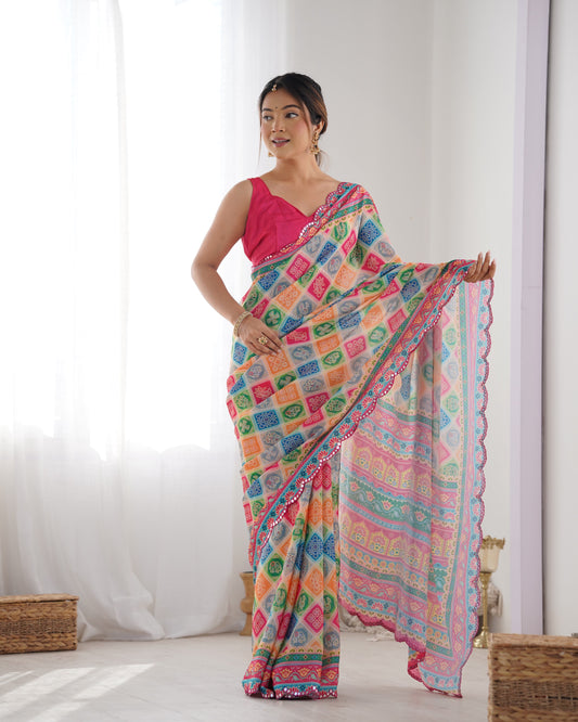 Elegant Heavy Chinnon Printed Saree with Unstitched Blouse