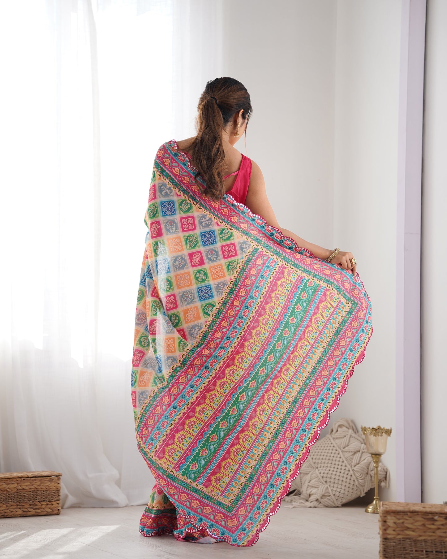 Elegant Heavy Chinnon Printed Saree with Unstitched Blouse