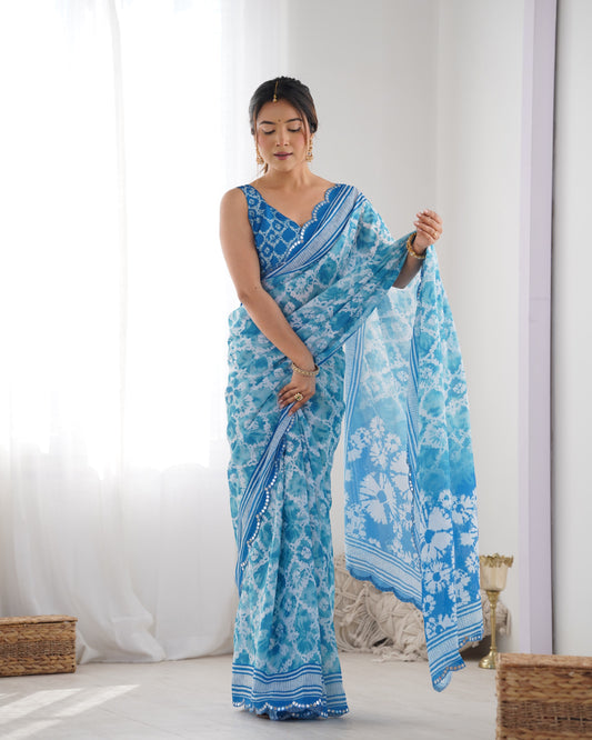 Elegant Heavy Chinnon Printed Blue Saree with Unstitched Blouse