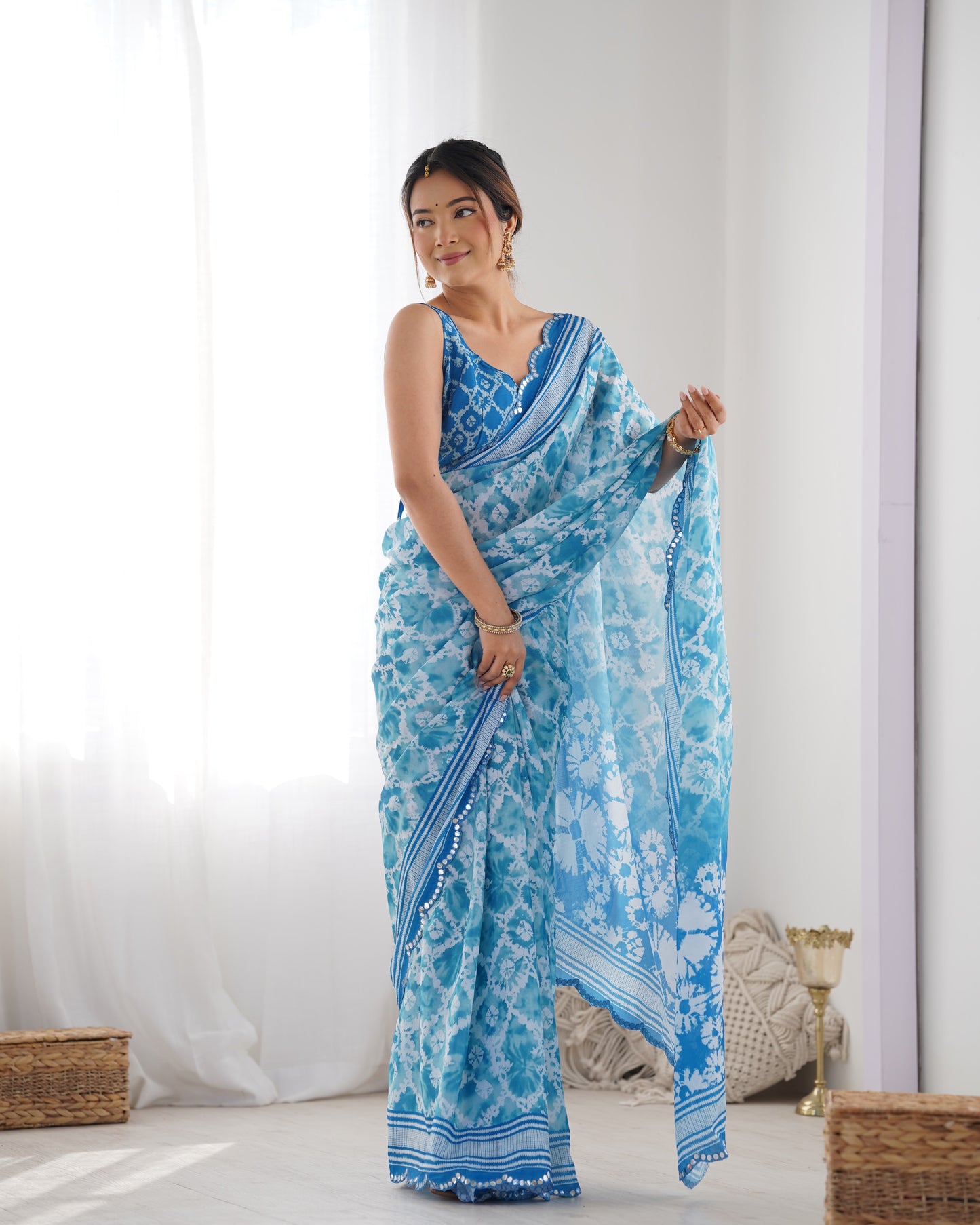 Elegant Heavy Chinnon Printed Blue Saree with Unstitched Blouse