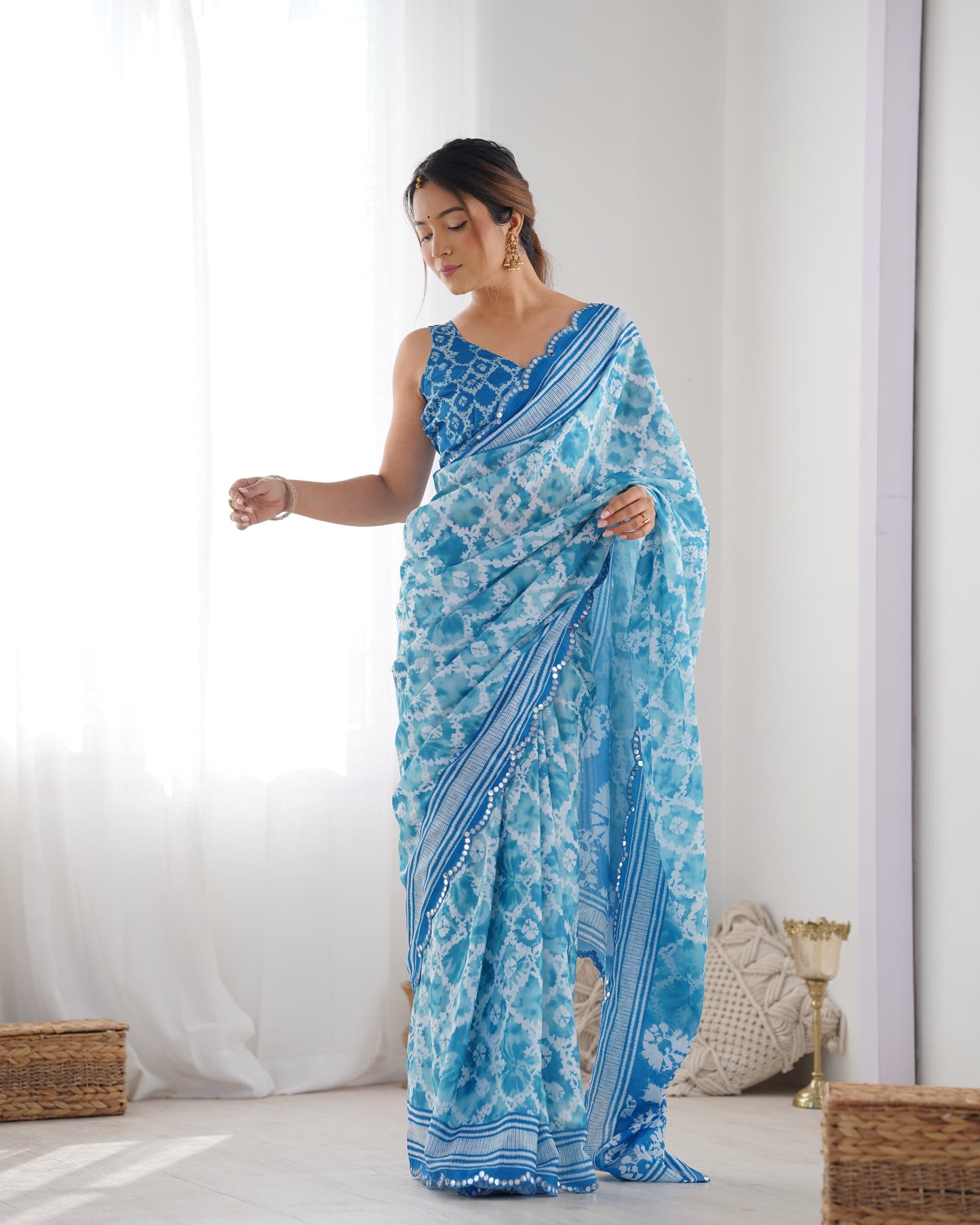 Elegant Heavy Chinnon Printed Blue Saree with Unstitched Blouse