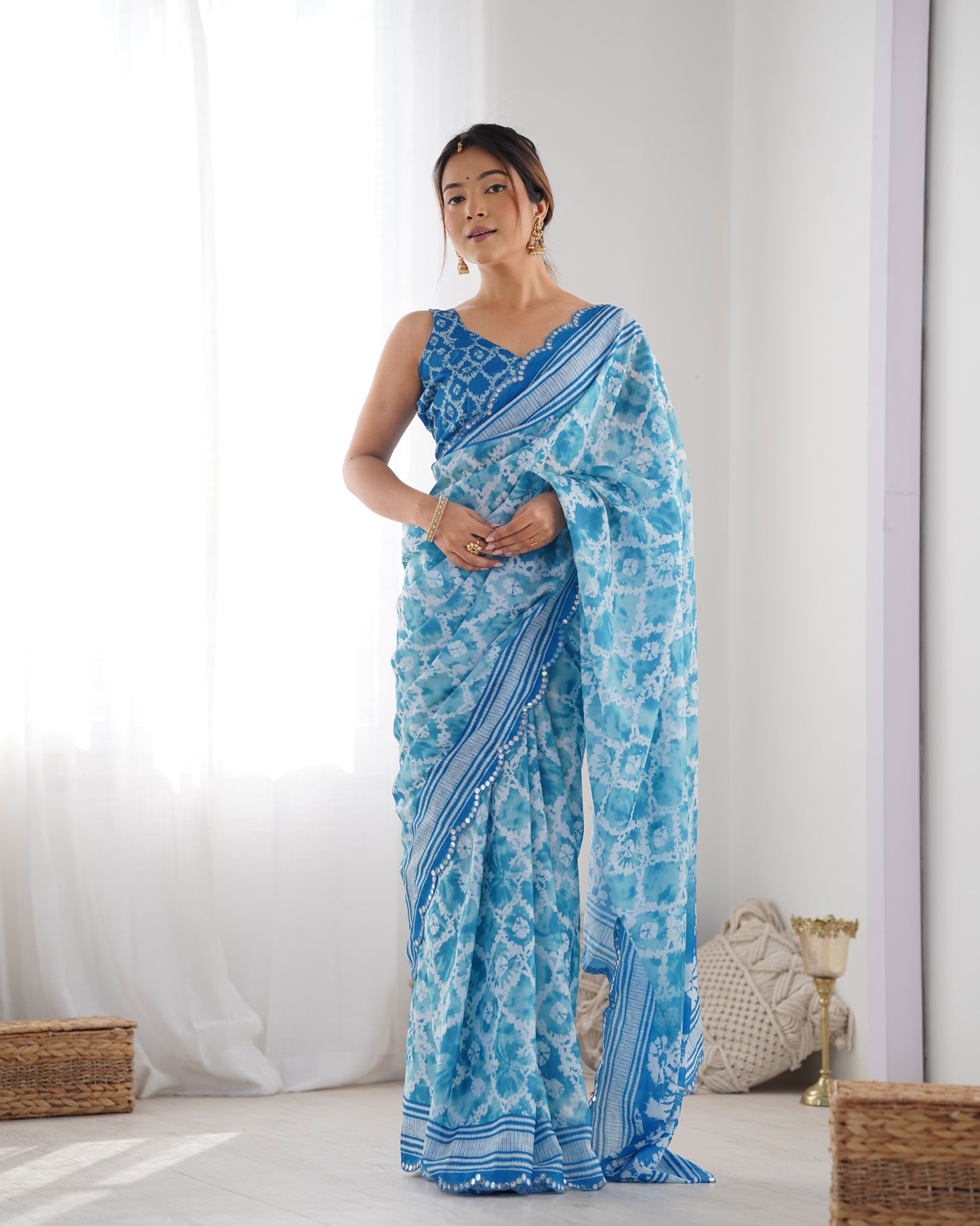 Elegant Heavy Chinnon Printed Blue Saree with Unstitched Blouse