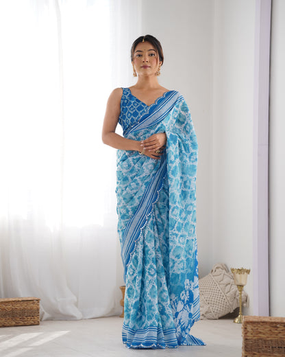 Elegant Heavy Chinnon Printed Blue Saree with Unstitched Blouse
