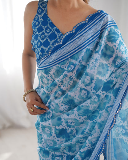 Elegant Heavy Chinnon Printed Blue Saree with Unstitched Blouse