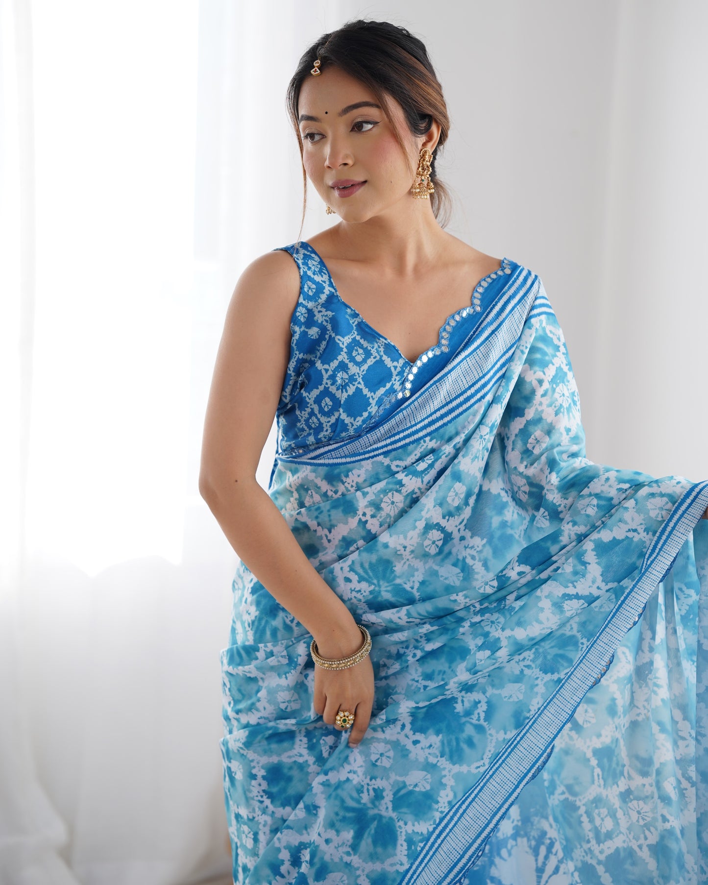 Elegant Heavy Chinnon Printed Blue Saree with Unstitched Blouse