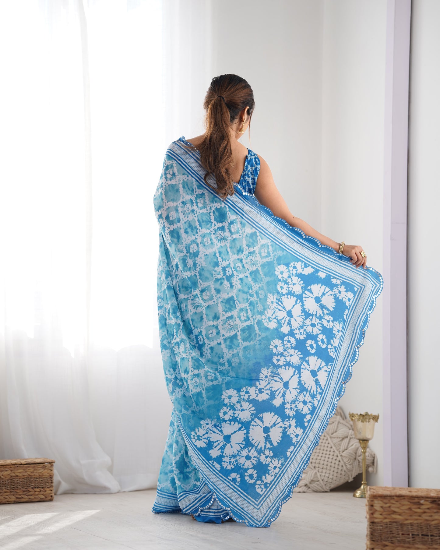 Elegant Heavy Chinnon Printed Blue Saree with Unstitched Blouse