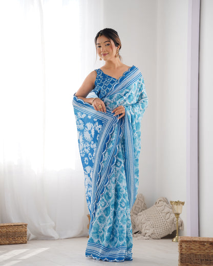 Elegant Heavy Chinnon Printed Blue Saree with Unstitched Blouse