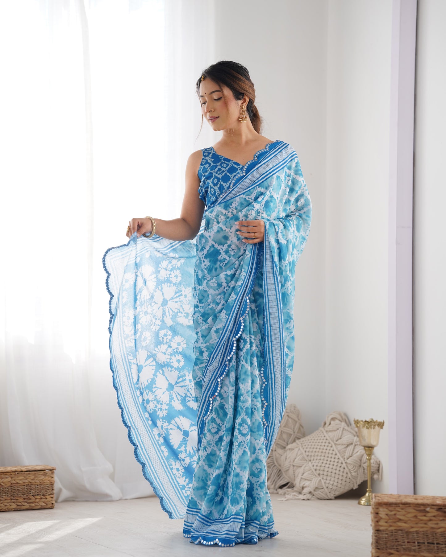 Elegant Heavy Chinnon Printed Blue Saree with Unstitched Blouse
