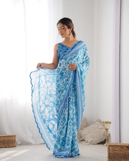 Elegant Heavy Chinnon Printed Blue Saree with Unstitched Blouse