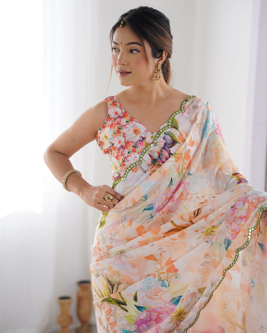 Elegant Heavy Chinnon Floral Printed Saree with Unstitched Blouse
