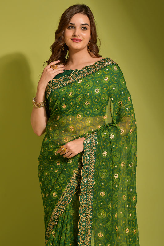 Green Floral Georgette Chiffon Saree With Unstitched Heavy Bengalori Sarttin Blouse