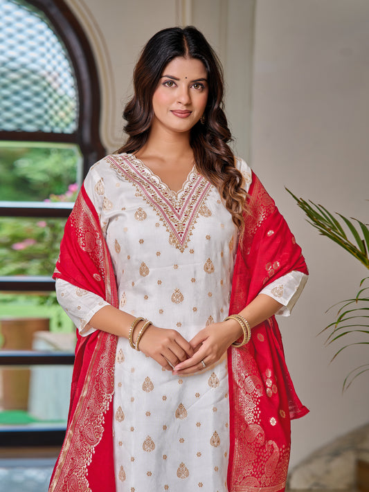 White Embroidered Jaquard Kurti With Pant & Dupatta Set for Women