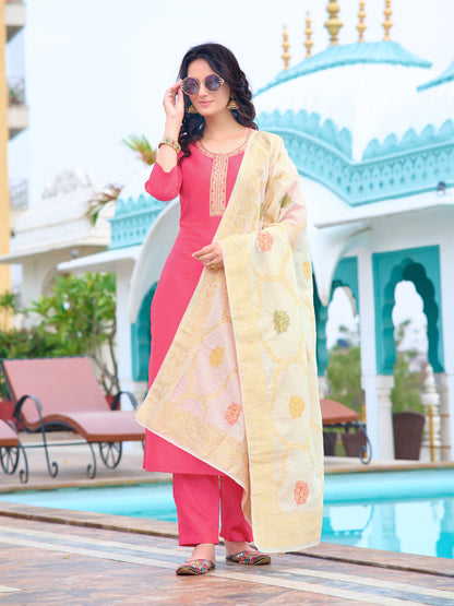 Pink Embroidered Chanderi Kurta With Pant And Dupatta Set for Women
