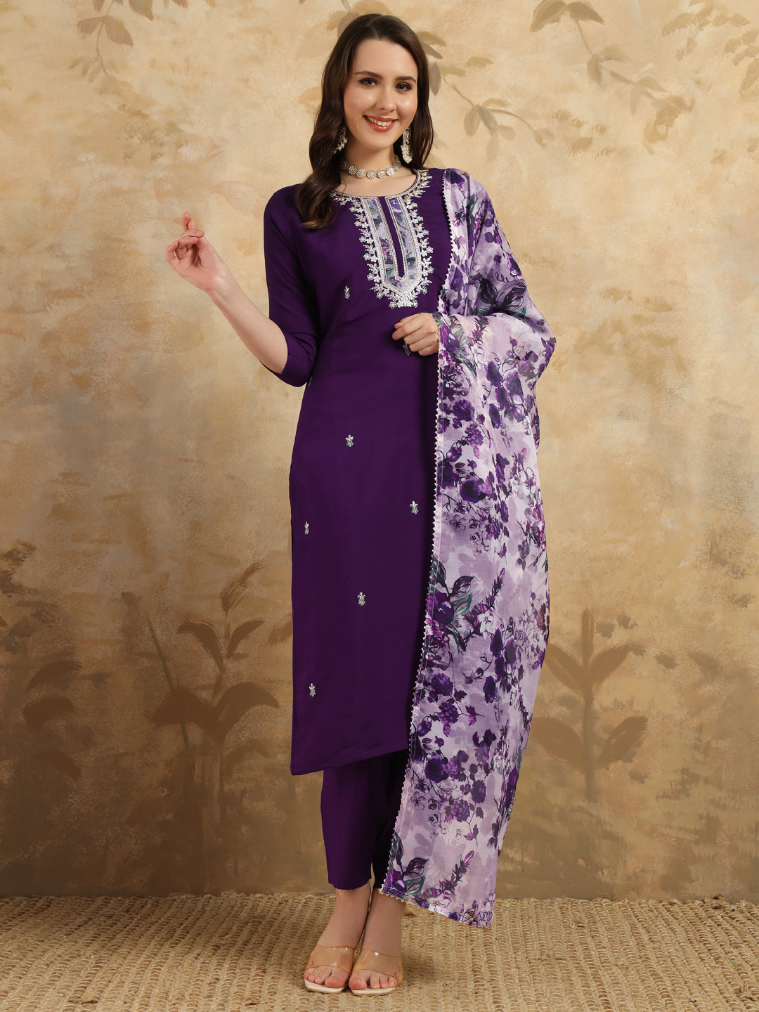 Purple Embroidered Chanderi Kurta With Pant And Dupatta Set for Women