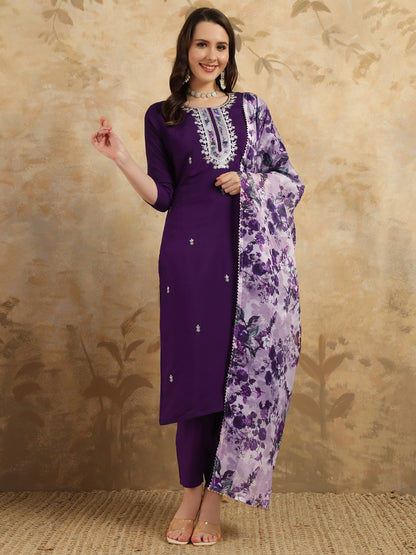 Purple Embroidered Chanderi Kurta With Pant And Dupatta Set for Women