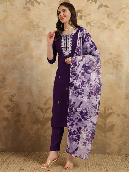 Purple Embroidered Chanderi Kurta With Pant And Dupatta Set for Women