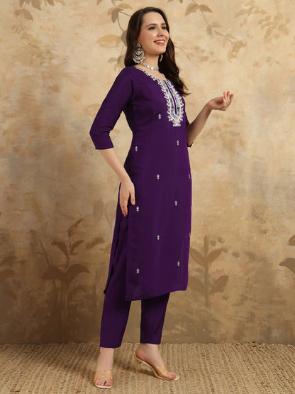 Purple Embroidered Chanderi Kurta With Pant And Dupatta Set for Women