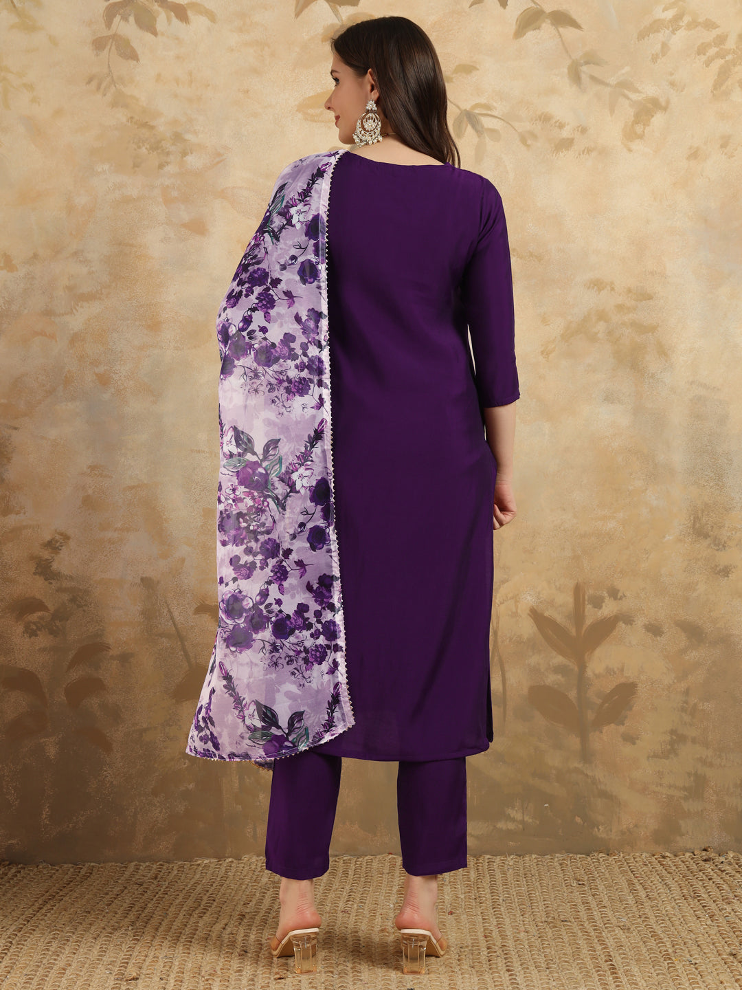 Purple Embroidered Chanderi Kurta With Pant And Dupatta Set for Women