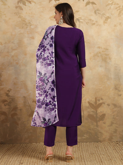 Purple Embroidered Chanderi Kurta With Pant And Dupatta Set for Women