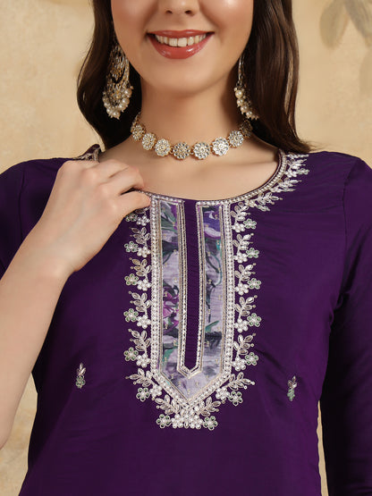 Purple Embroidered Chanderi Kurta With Pant And Dupatta Set for Women