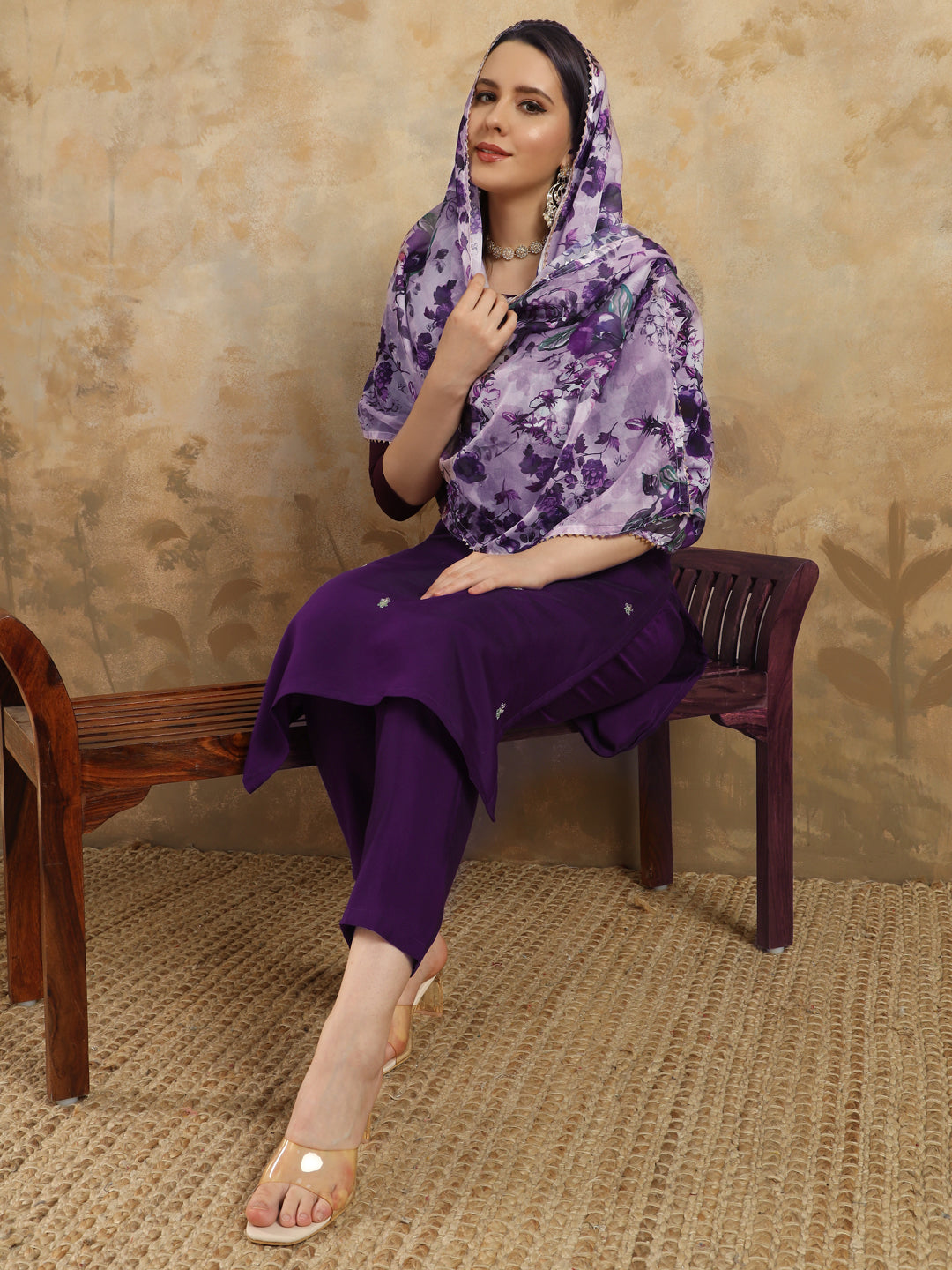 Purple Embroidered Chanderi Kurta With Pant And Dupatta Set for Women