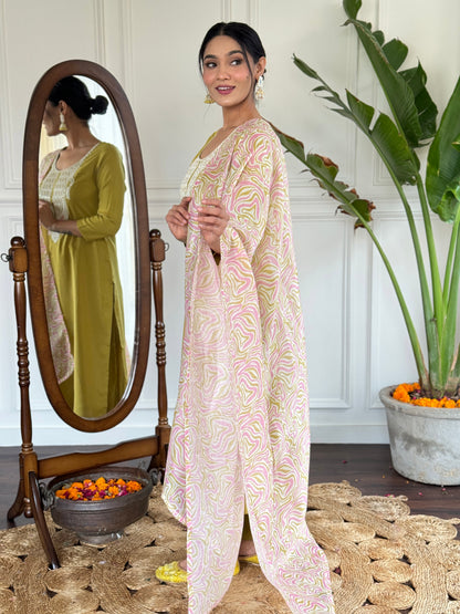 Lemon Colour Slub Magic Embroidered Straight Kurta with Slub Magic Pant And Dupatta Sets For Women