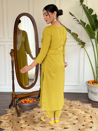 Lemon Colour Slub Magic Embroidered Straight Kurta with Slub Magic Pant And Dupatta Sets For Women