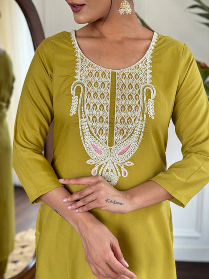 Lemon Colour Slub Magic Embroidered Straight Kurta with Slub Magic Pant And Dupatta Sets For Women