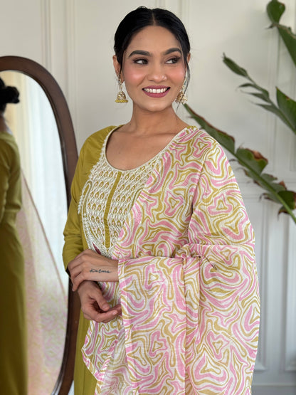 Lemon Colour Slub Magic Embroidered Straight Kurta with Slub Magic Pant And Dupatta Sets For Women