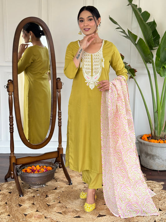 Lemon Colour Slub Magic Embroidered Straight Kurta with Slub Magic Pant And Dupatta Sets For Women