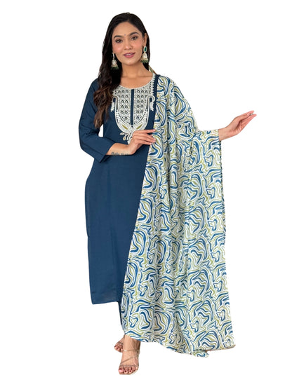 Blue Slub Magic Embroidered Straight Kurta with Slub Magic Pant And Dupatta Sets For Women
