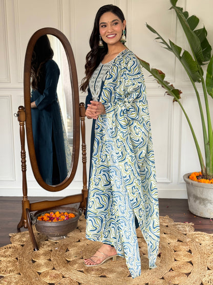 Blue Slub Magic Embroidered Straight Kurta with Slub Magic Pant And Dupatta Sets For Women