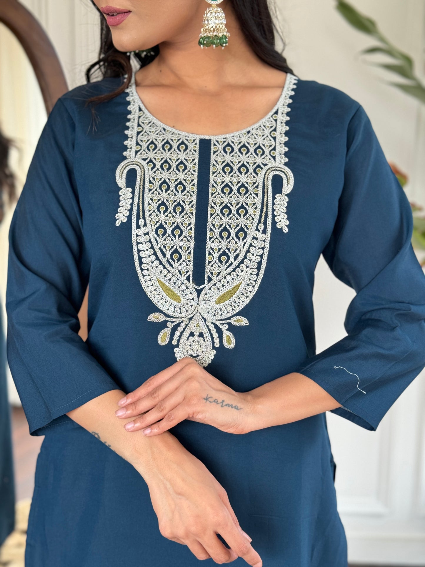 Blue Slub Magic Embroidered Straight Kurta with Slub Magic Pant And Dupatta Sets For Women