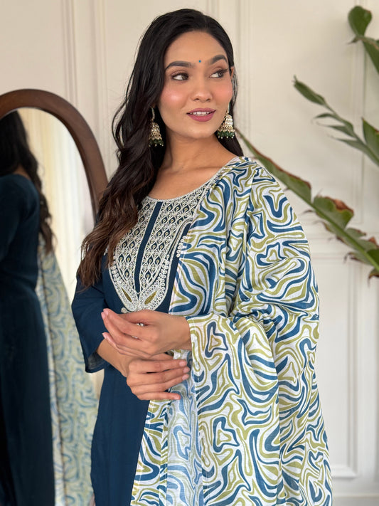 Blue Slub Magic Embroidered Straight Kurta with Slub Magic Pant And Dupatta Sets For Women
