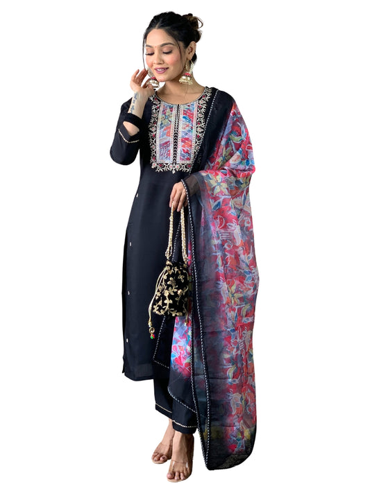 Black Rayon Slub Embroidered Straight Kurta With Rayon Slub Pant And Organza Printed Dupatta Sets Set for Women