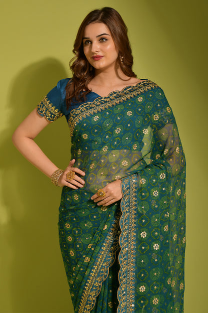 Petrol Blue Floral Georgette Chiffon Saree With Unstitched Heavy Bengalori Sarttin Blouse